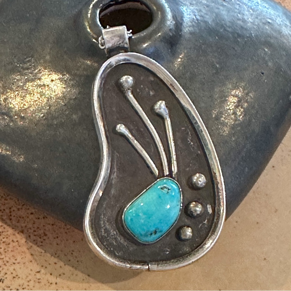 Vintage Old Pawn Sterling Silver Modernist Tyrone Turquoise Pendant Necklace